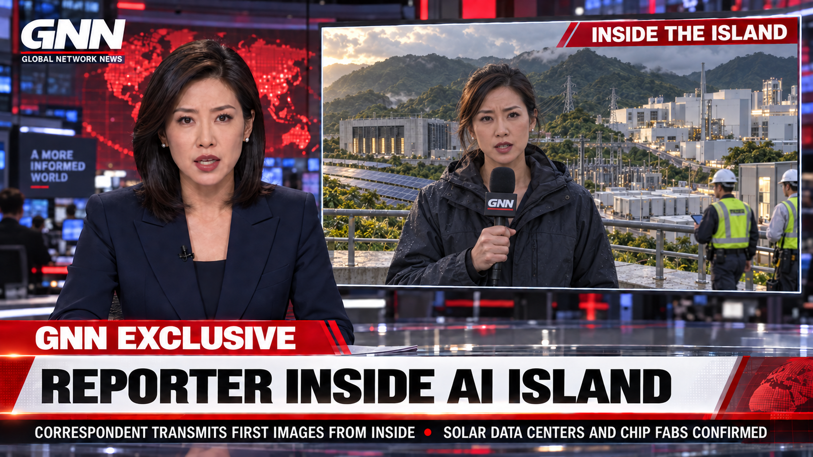 A GNN correspondent reports from an island with solar arrays, data centers, and semiconductor fabrication buildings behind her.