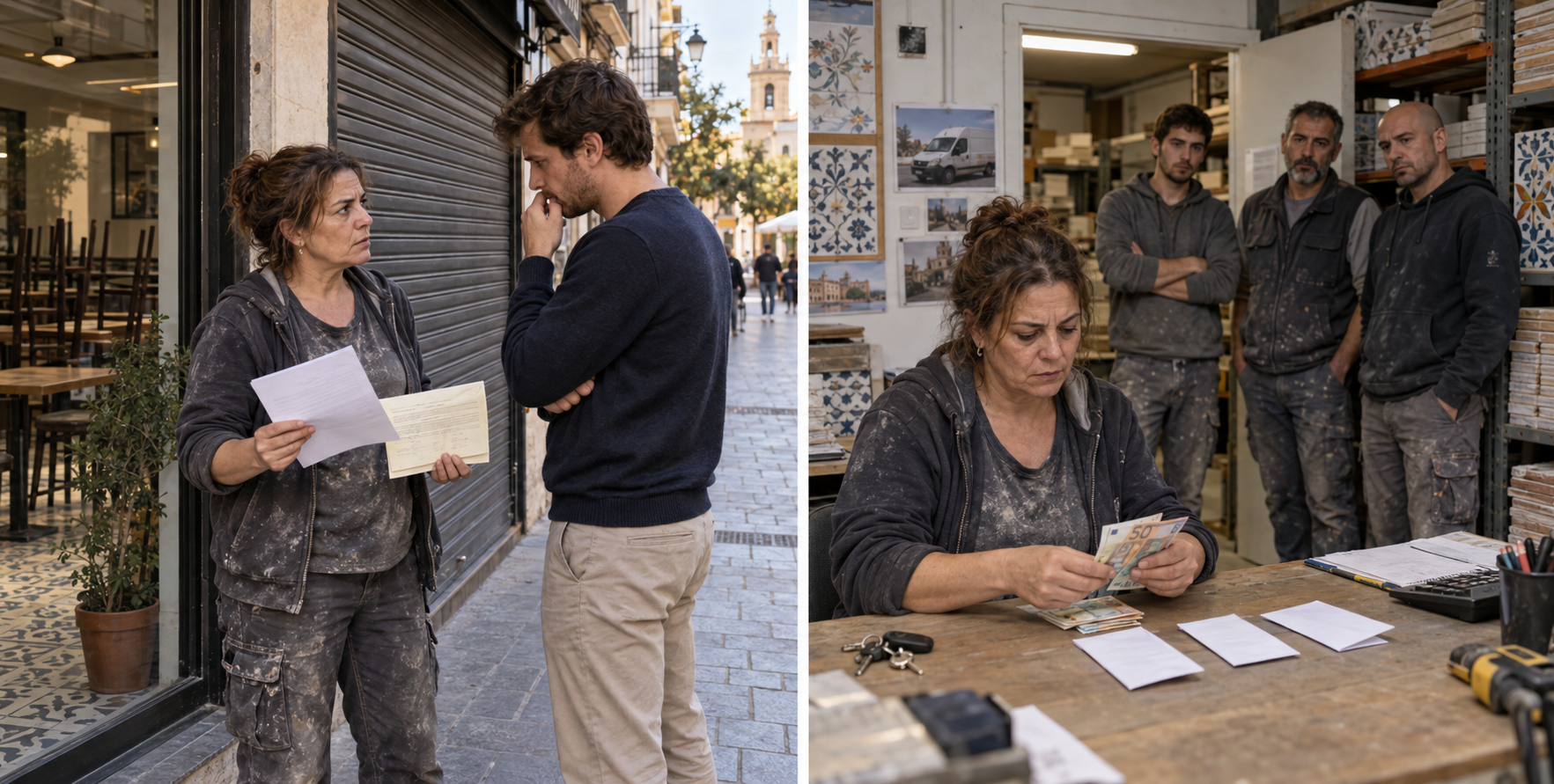 A tile supplier speaks to a man outside a shuttered café while holding papers; later, she counts cash at a stockroom table as three installers wait nearby.